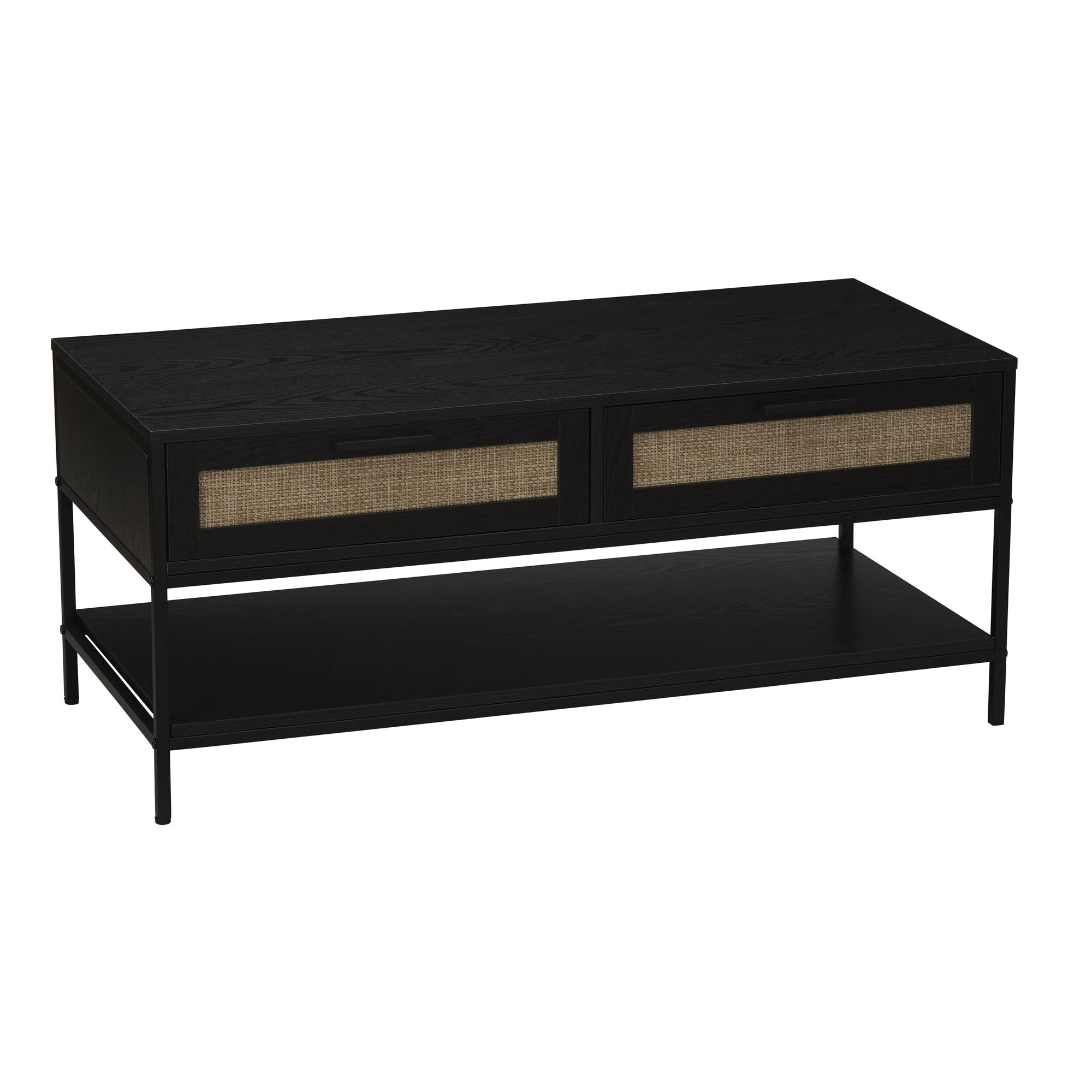 Household Essentials Bungalow Rectangular Coffee Table with Storage Shelf and 2 Drawers Black Oak Wood Grain Woven Front and Black Metal