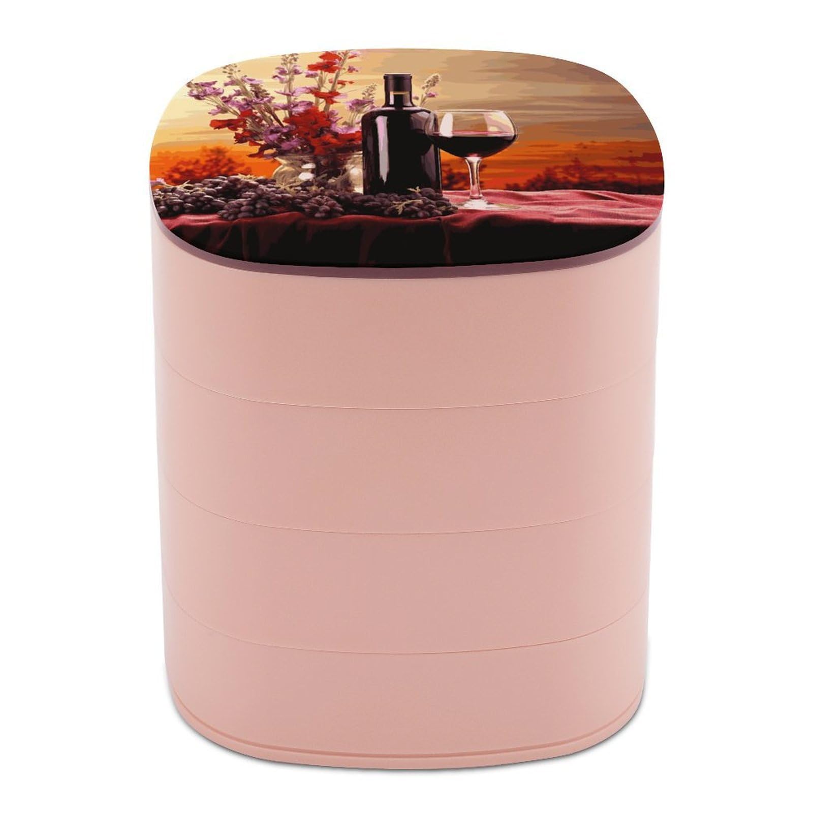 JTREHY Red Wine FlowerJewelry Box 4-Layer Rotating Stronge Boxs Round Travel Jewelry Case with Lid for Bracelets Rings Bracelets, Gift for Women