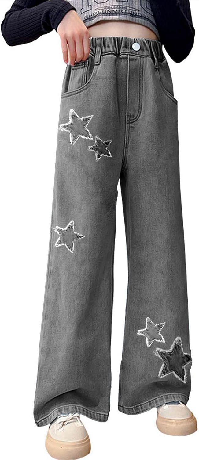 Betusline Girls Baggy Jeans Elastic Waist Wide Leg Denim Pants 6-14 | Y2K High Waisted Straight Leg Jeans,Casual Denim Pants
