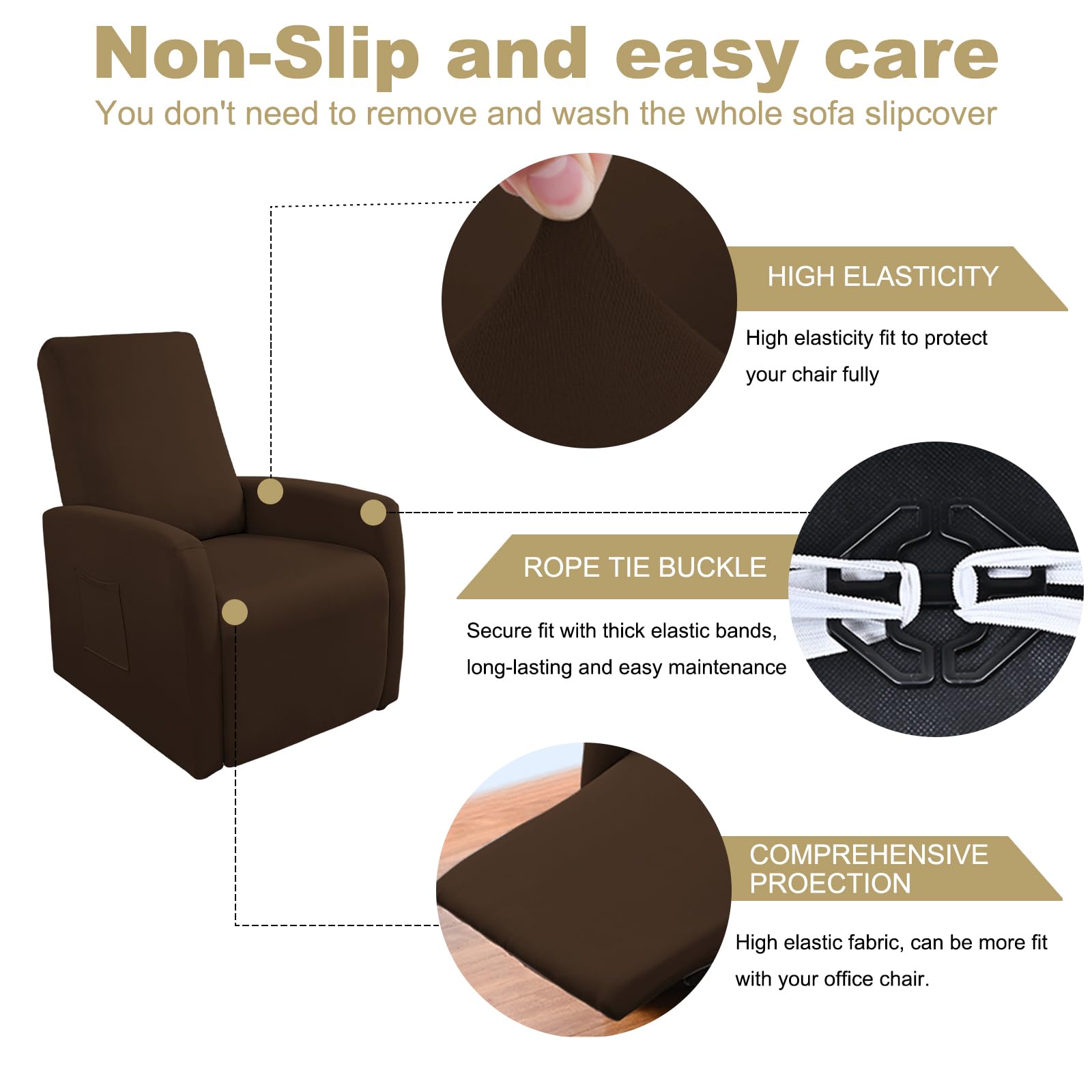 GOSTADY Recliner Chair Covers 4 Pcs Waterproof Small Recliner Sofa Slipcover Stretch Recliner Slipcover for Lazyboy Recliner Chair with Storage Pocket Furniture Protector for Living Room, Dark Brown