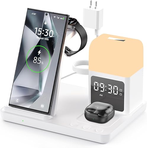 Cargador inalámbrico para estación de carga SamsungAndroid, cargador de reloj rápido 6 en 1 con reloj despertador, luz nocturna, compatible con