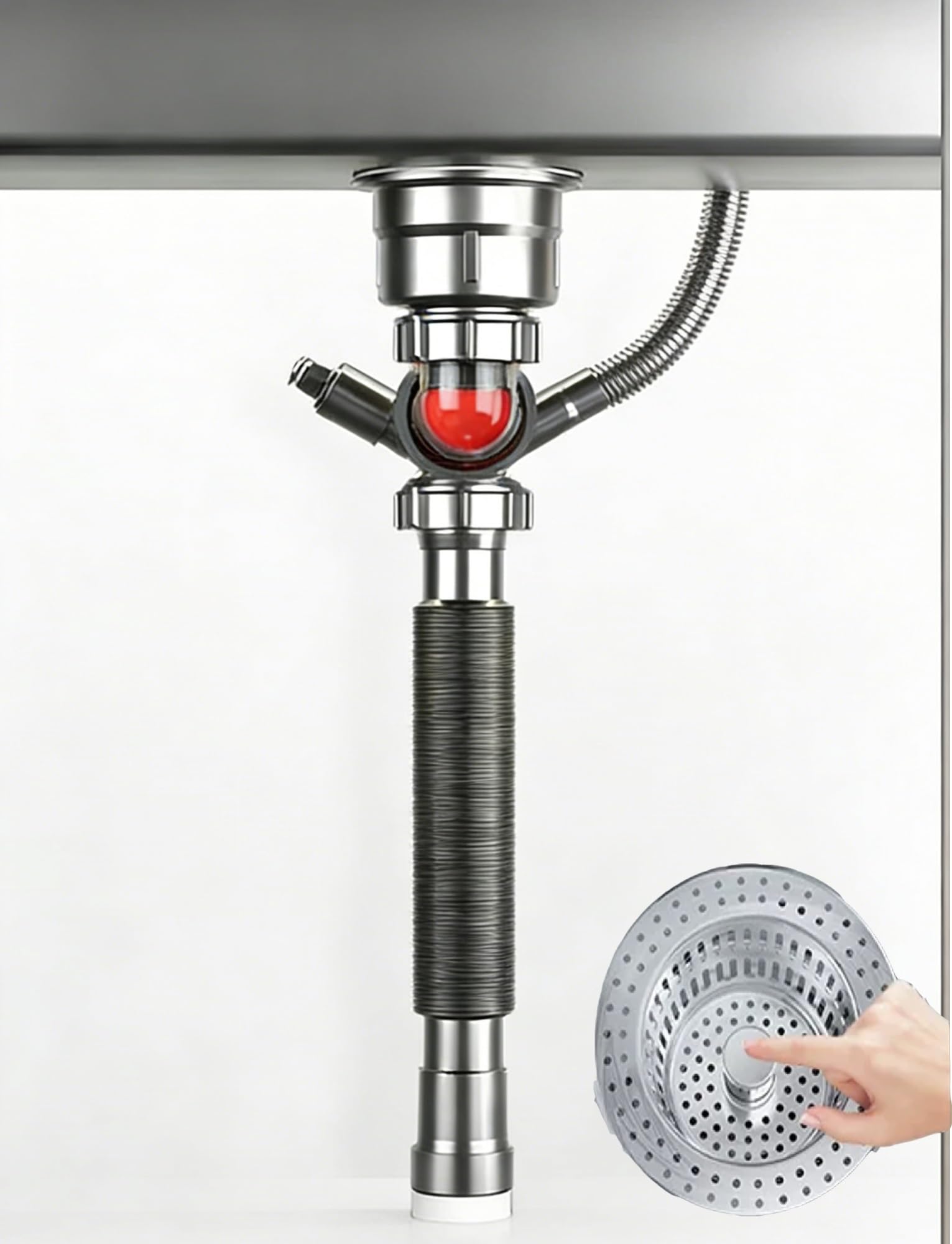 Kit di scarico per lavello da cucina con tubo di scarico regolabile, tappo pop-up, prevenzione troppopieno, sgancio rapido a pulsante, installazione flessibile, design a fessura singola