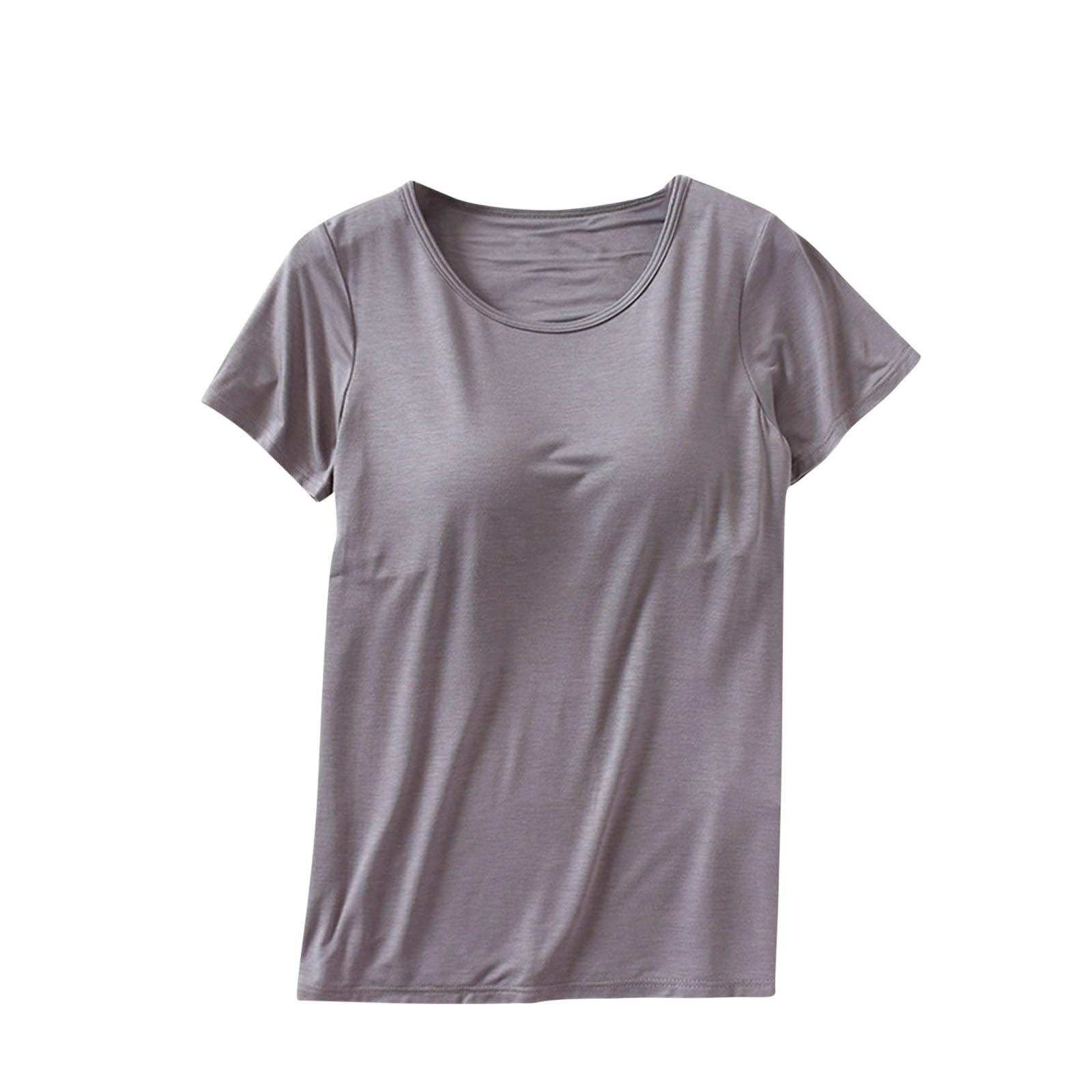 Womens Shirts with Built in Bra Short Sleeve Shirts Summer Casual Athletic Workout Yoga Shelf Bra Padded T Shirts Tops — view 10