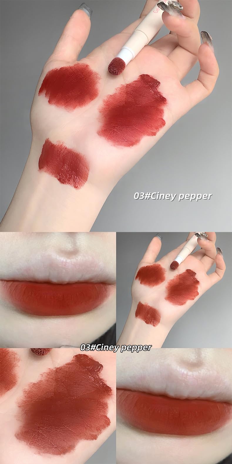 Gege Bear Velvet Mist Lip Powder Cream | Cloud-Like Lip Mousse | Soft Matte Lipstick for Women | Smudge-Proof & Long-Lasting Lip Color | Non-Sticky & Featherlight Feel | Easy to Blend & Layer | Soft Focus & Airbrushed Lip Look | (03# Ciney Pepper, 4g) 3