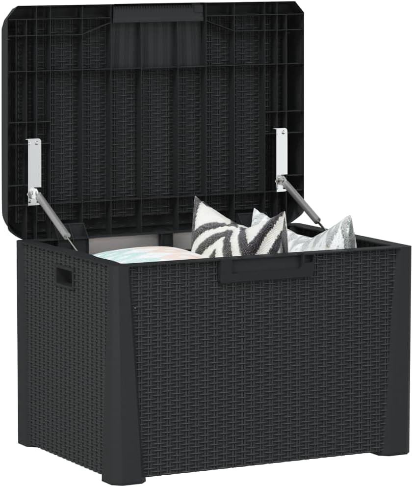 Anthracite 33 Gallon Outdoor Storage Box 28.7 x 28.7 x 19.5 in PP Rattan Look Deck Bench for Cushions Toys Blankets Patio Garden Balcony