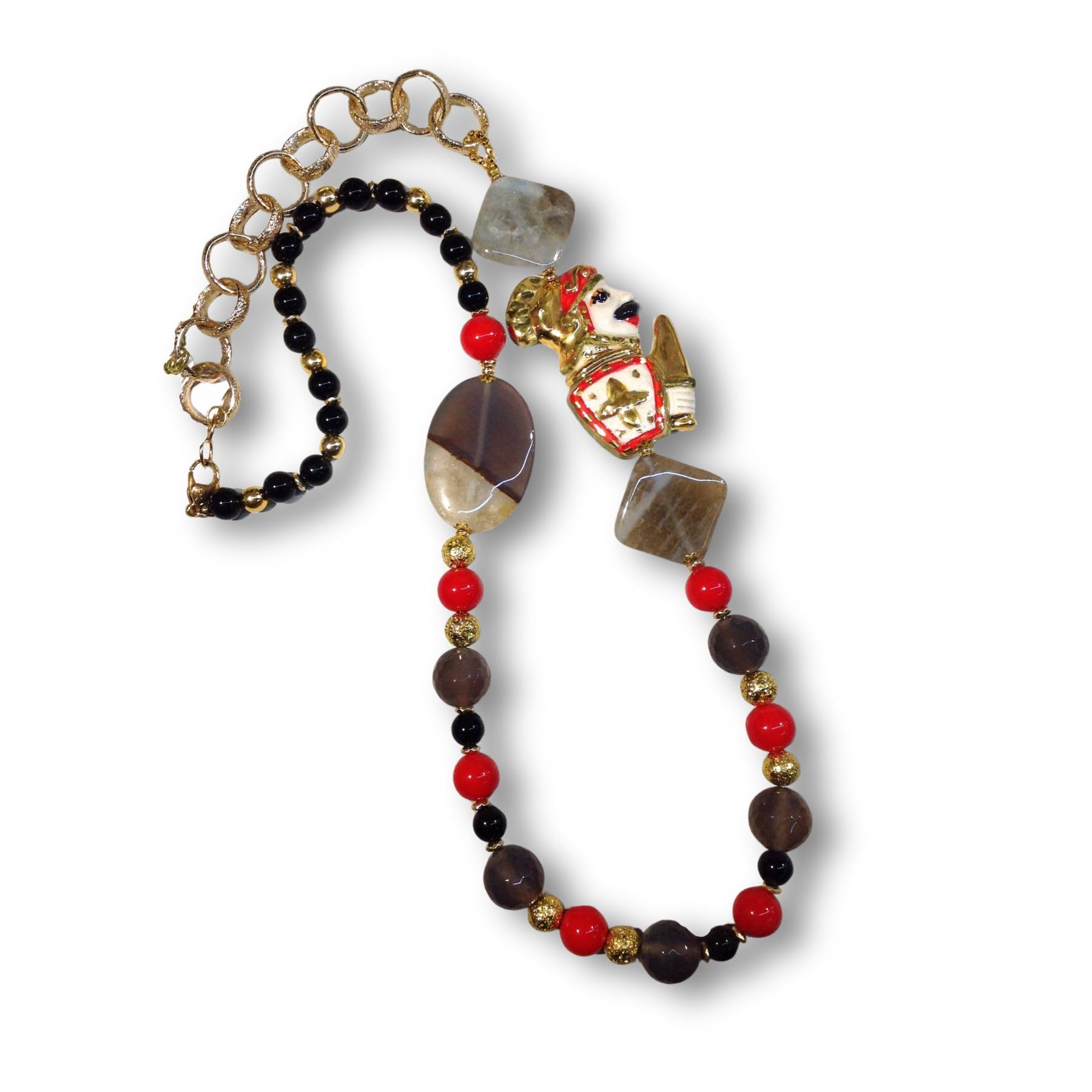 Petra d'amuri Collana Siciliana da donna con Paladino in Ceramica di Caltagirone, Agata naturale, Quarzo Fumé, Hand Made in Sicily