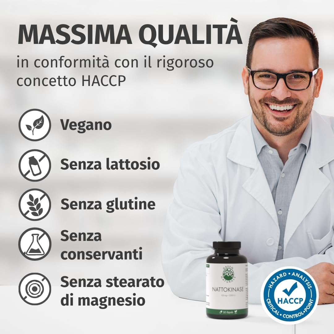 Green Naturals® Nattokinase (20.000 FU/g) – 365 capsule – Dosaggio elevato 100 mg con 2.000 FU per capsula – Qualità premium dalla Germania – Scorta 1 anno