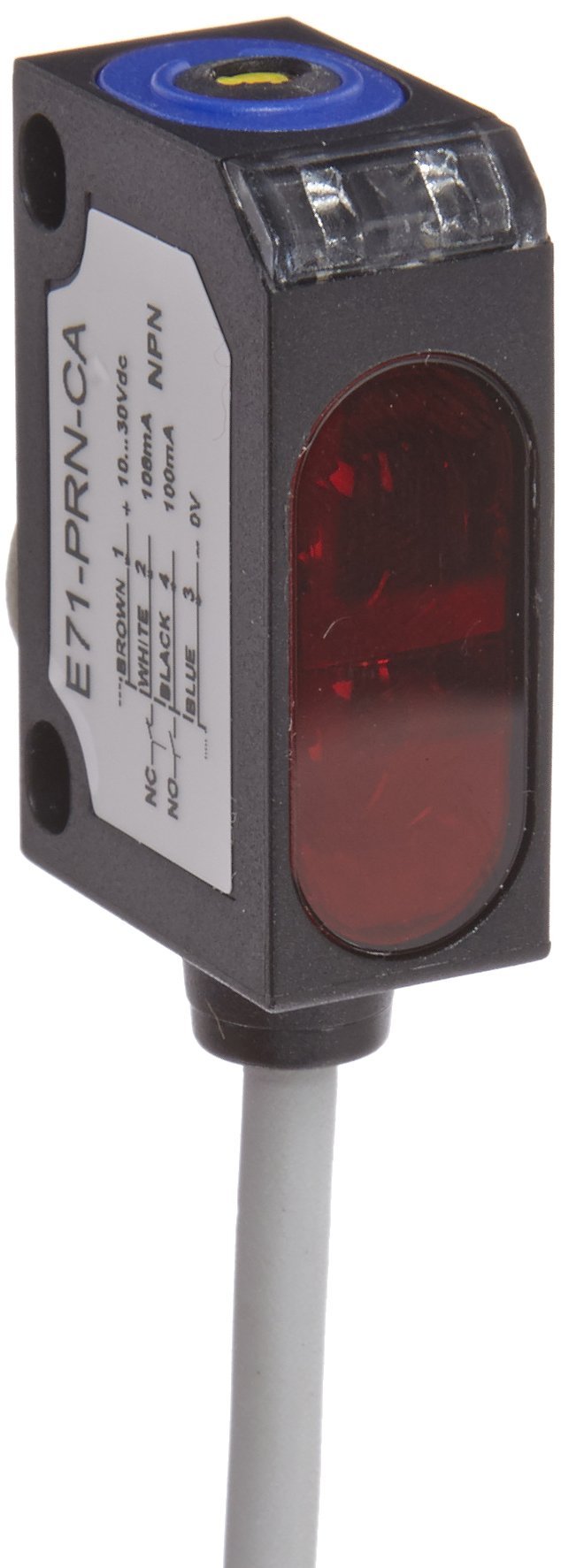Eaton E71-PRN-CA Photoelectric Sensor, Polarized-Reflex Sensing Mode, 6' Length 4-Wire Cable, 10-30 VDC Input Voltage, Visible Red LED, 100 mA NPN Output, 2.5 m Sensing Range