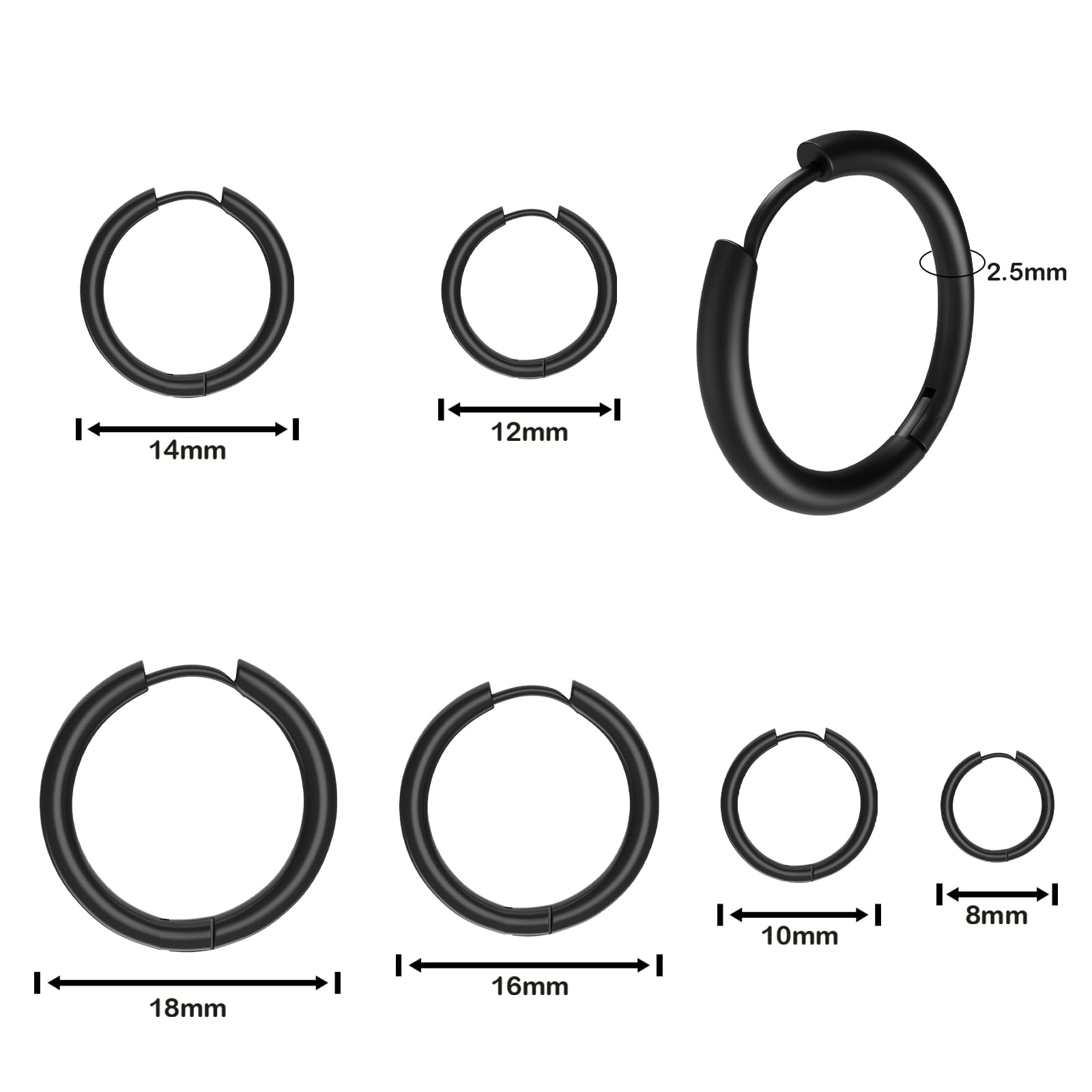 6 Paia Orecchini Acciaio Inossidabile di Orecchini Cerchio Piccoli per Uomini e Donne Ipoallergenici Set di Orecchini 8-18 mm (Nero)