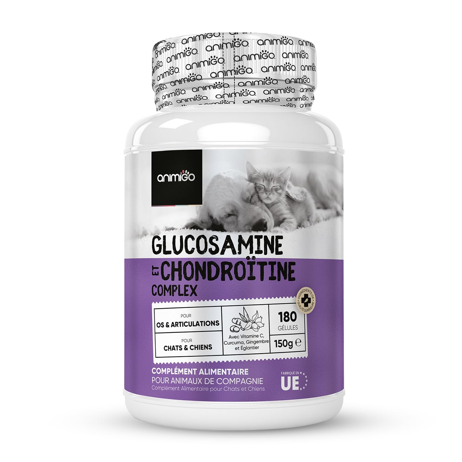 Glucosamine Chondroïtine Chien & Chat -180 Gélules avec Vitamine C, Curcuma, Gingembre, Églantier - sans Odeur, Anti Inflammatoire, Aide d'arthrose, Cartilage, Os, Souplesse, Chondroprotecteur