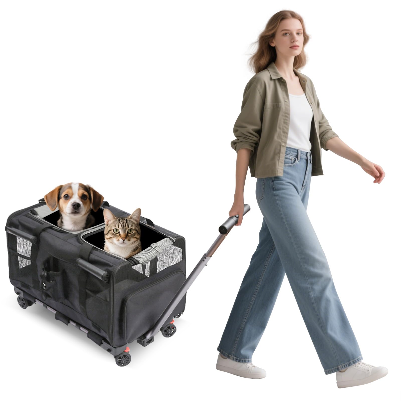 PETCUTE Transportín para Mascotas con Ruedas y Dos Compartimentos,Carga de 17,5 kg,Transportin Gatos Perros con Guinzaglio di Sicurezza,Transportador Plegable para 2 Gatos,para Paseo/Camping,Negro