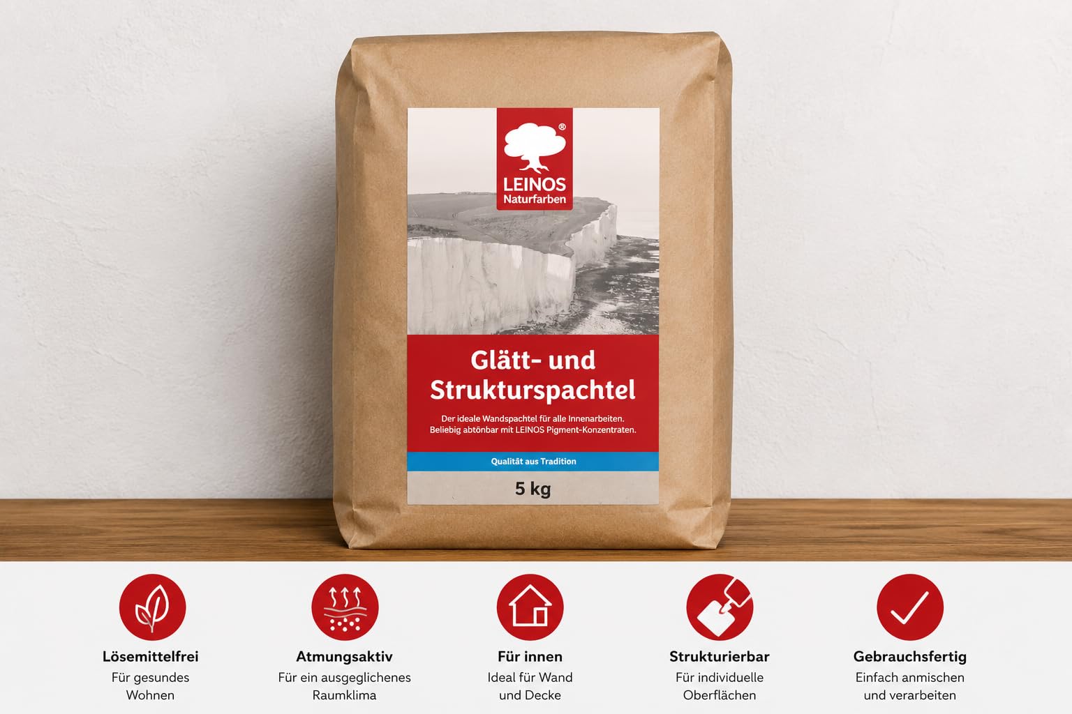 LEINOS Glätt- und Strukturspachtel 684, weiß – Feine Spachtelmasse für Wand & Decke innen, lösemittelfrei, atmungsaktiv, gebrauchsfertig, für Lehmputz, Kalk, Gips, Altanstrich, strukturierbar – 1 kg
