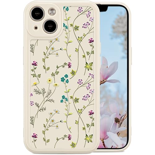 RALEAVO Floral Case for iPhone 13, Flower Branch Pattern Design Cute Cover Case for Girls Women Slim Thin Soft Silicone Shockproof Anti-Slip Phone Case for iPhone 13 (6.1"),Beige