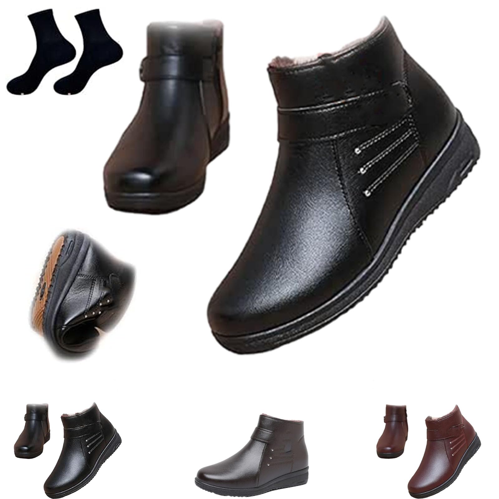 Womens Warm Soft-Sole Non-Slip Genuine Leather Boots Waterproof Insulated Fur Lined Ankle Booties Soft-Soled Winter Boots for Middle-Aged