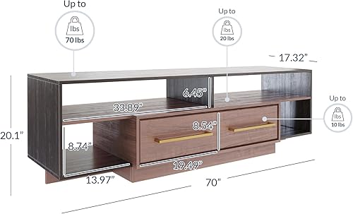 Miniatura 2 de BELLEZE Mueble de TV moderno de mediados de siglo de 70 pulgadas con estantes y cajones abiertos, consola de entretenimiento o multimedia para