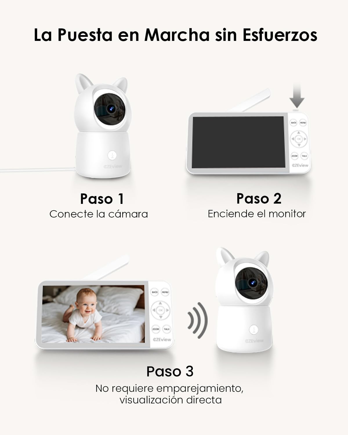 CZEview 2.5K 4MP Camara Vigilancia Bebe con App Movil, 5.5" IPS Gran Pantalla, 360°, Monitorización & Alertas en Tiempo Real, Visión Nocturna (Blanco) | pantalla súper clara, visión nocturna, audio bidireccional, cunas, sensor temp., 360° PIZ, APP, luz no