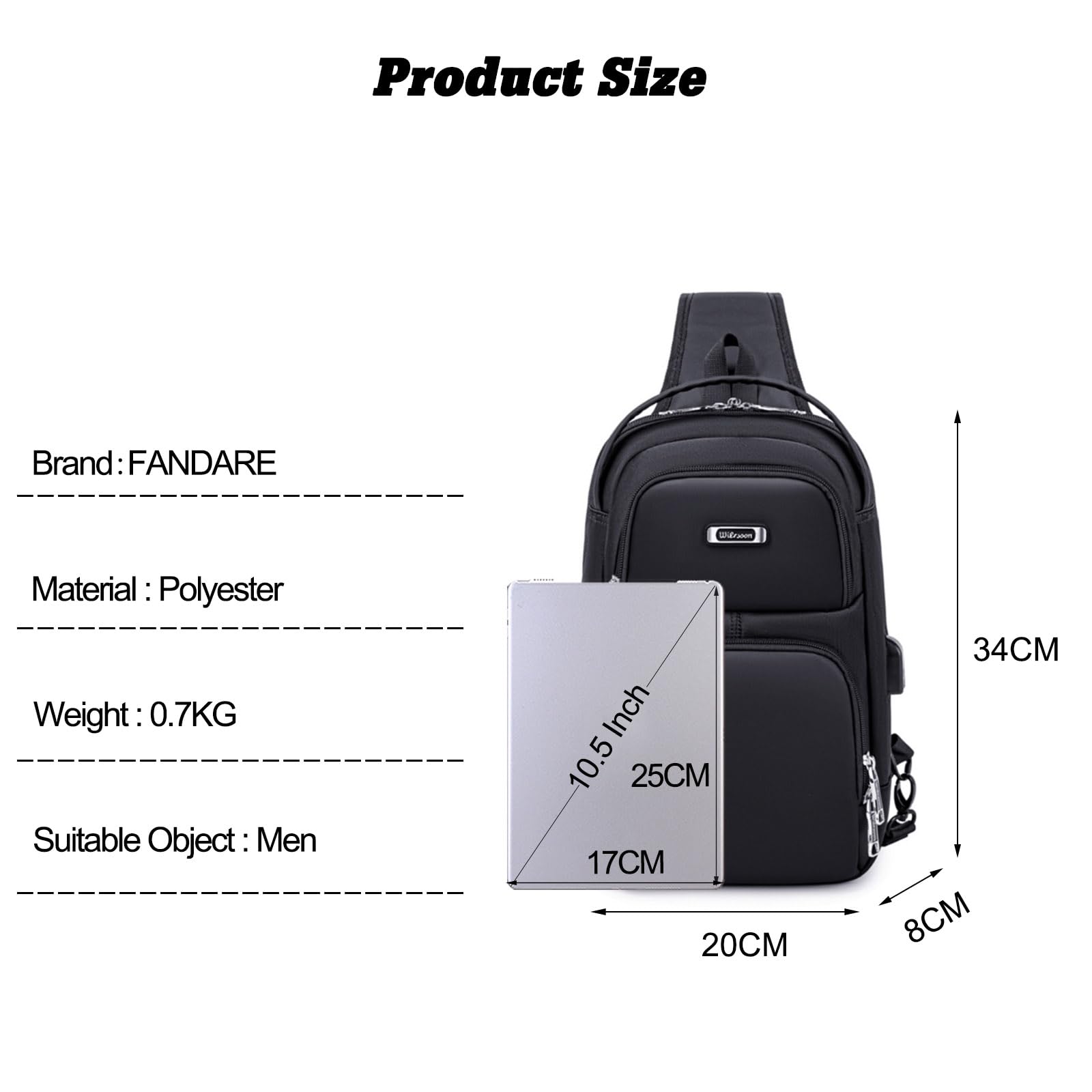FANDARE Antifurto Business Zaino monospalla da uomo Borsa a tracolla Borsello con porta di ricarica USB Borse a spalla Multifunzionale Borse Messenger per Ufficio Lavoro Insegnanti Viaggio Sling Bag