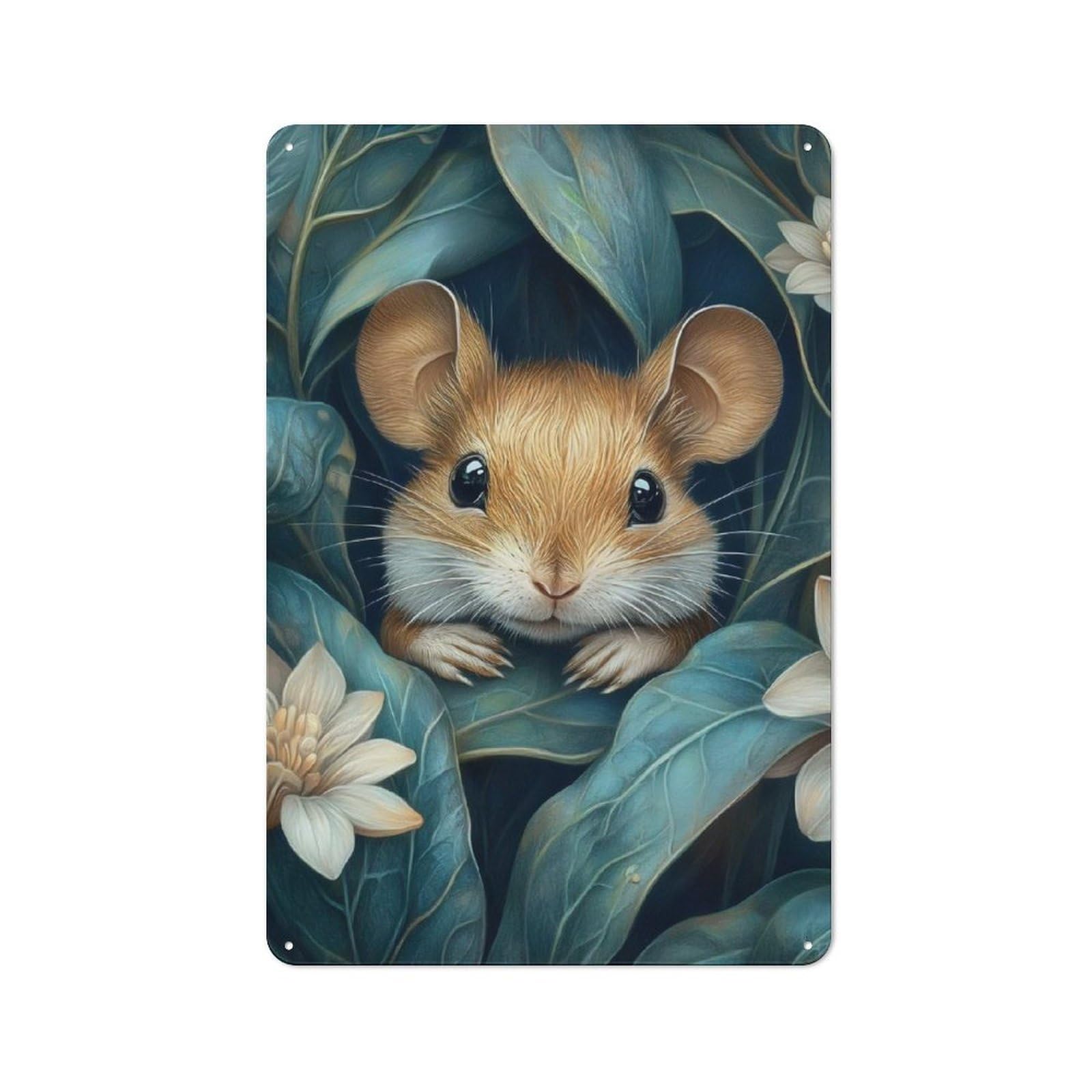 Junmoney Mouse In Foliage Retro Metal Wall Decor 30X20cm, Tin Wall Sign For Bakery, Diner, Cafe Or Family Room
