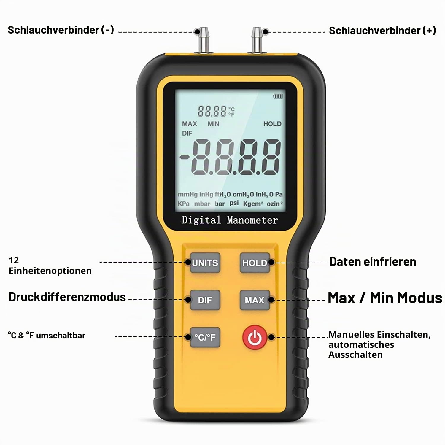 Differenzdruckmessgerät Kethvoz Gasdruckmessgerät HVAC Gas Manometer mit Zwei Anschlüsse zur Messung des Luftstrom-Gasdifferenzdrucks ±2,999 psi /±20,68 kPa, 12 wählbare Einheiten & Datenspeicher