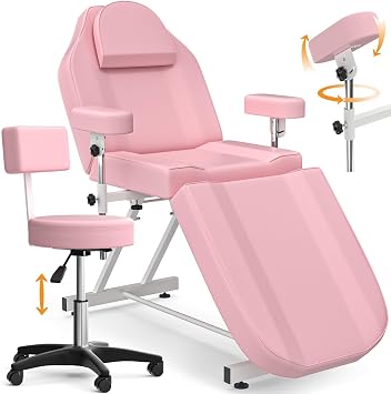 Facial Tattoo Chair for Client, Adjustable Armrest | Esthetician Lash Bed for Beauty Salon with Stool, Massage Table Multipurpose Comfortable Spa Bed for Tattoo, ArtistPink