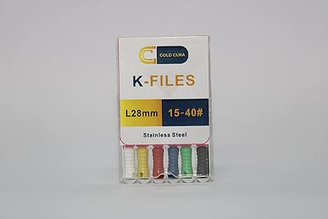 Gold Cura Dental SS Hand K Files 28mm | Stainless Steel Root Canal Endodontic Hand File | Pack of 6 Files | Size: #15-40