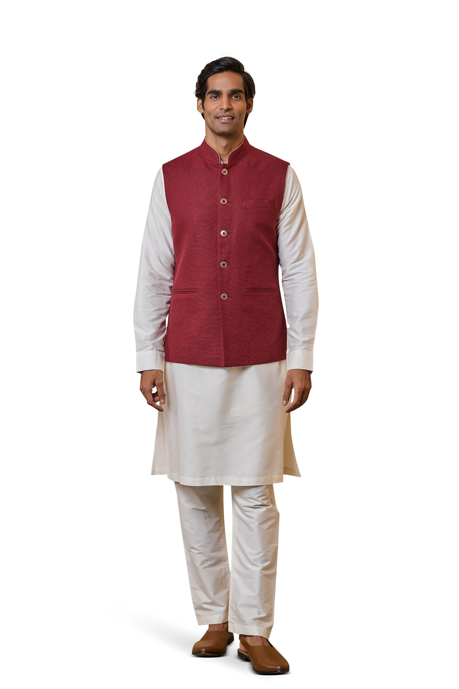 Maroon Linen Bundi with Collar Detailing For Men-image-42