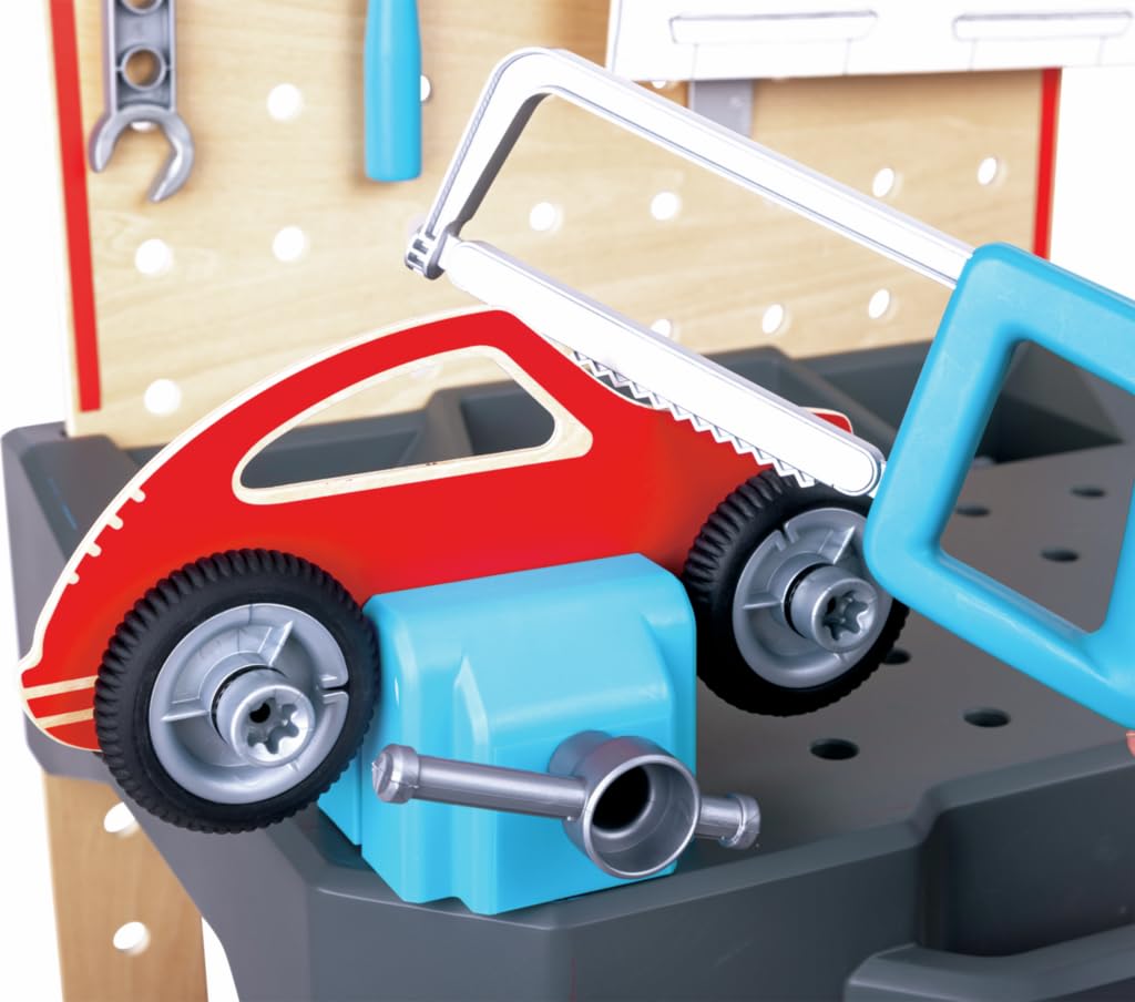 Hape Junior Inventor - Banco da Lavoro Officina - Giocattolo di Altezza Regolabile con Utensili per Gioco di Ruolo Piccolo Meccanico dai 3 Anni