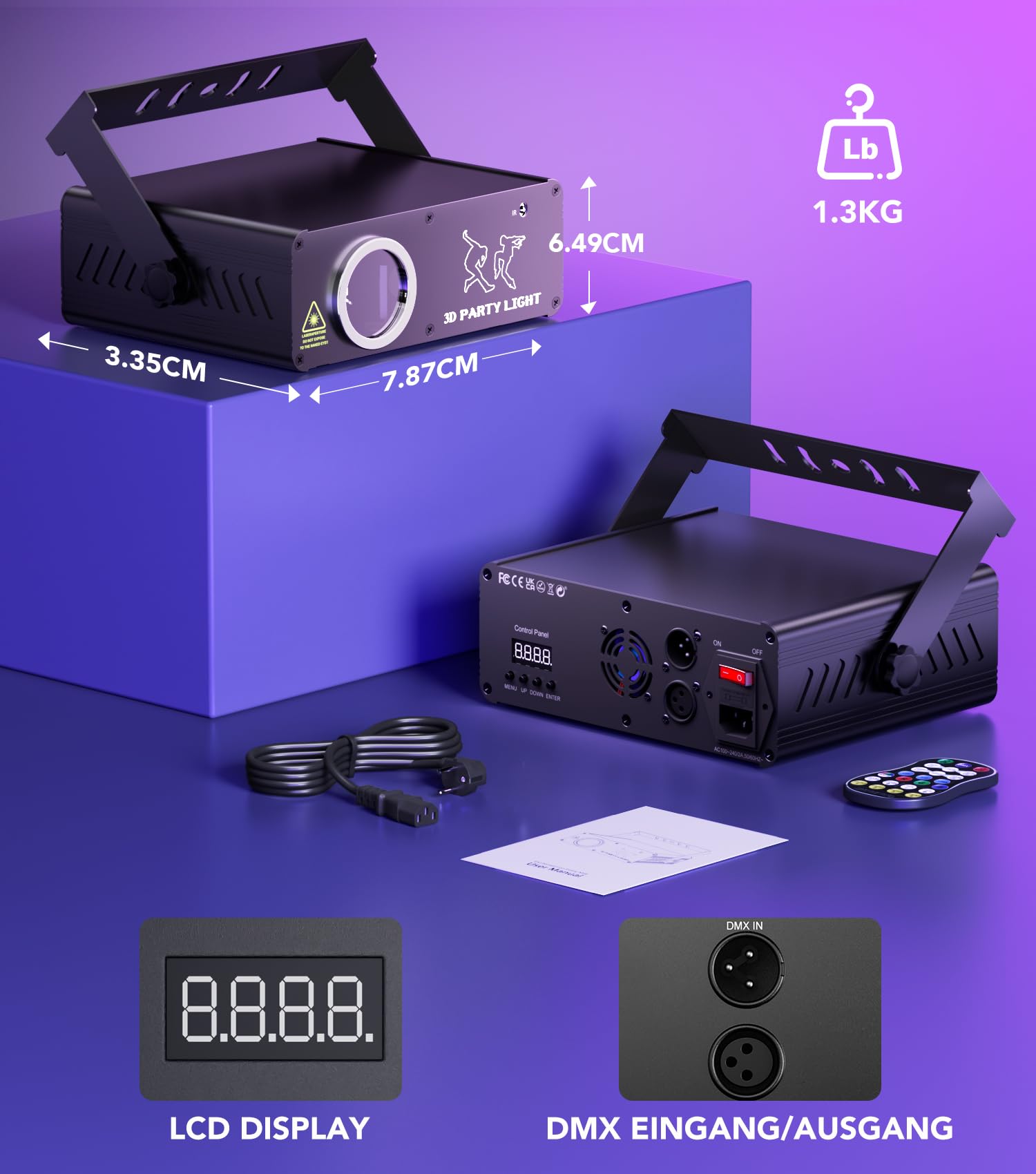 KeoBin Discolicht mit Bluetooth App, 3D DIY Animation DJ Licht DMX512 | Individuelle Muster & Texte, 600+ Effekte, DMX512, Musiksteuerung, Fernbedienung, Master-Slave, Party & Club
