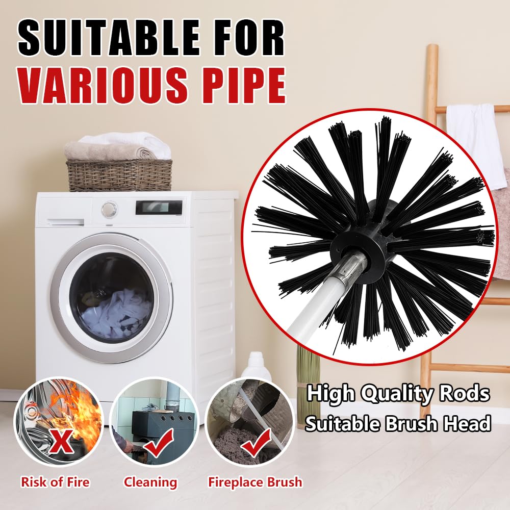 Cepillo de chimenea de hasta 4,8 m, kit de limpieza de ventilación en seco, cabezal de cepillo de 100/150 mm, 410 mm de largo, barra flexible, para diferentes chimeneas, tubos, cepillos de limpieza