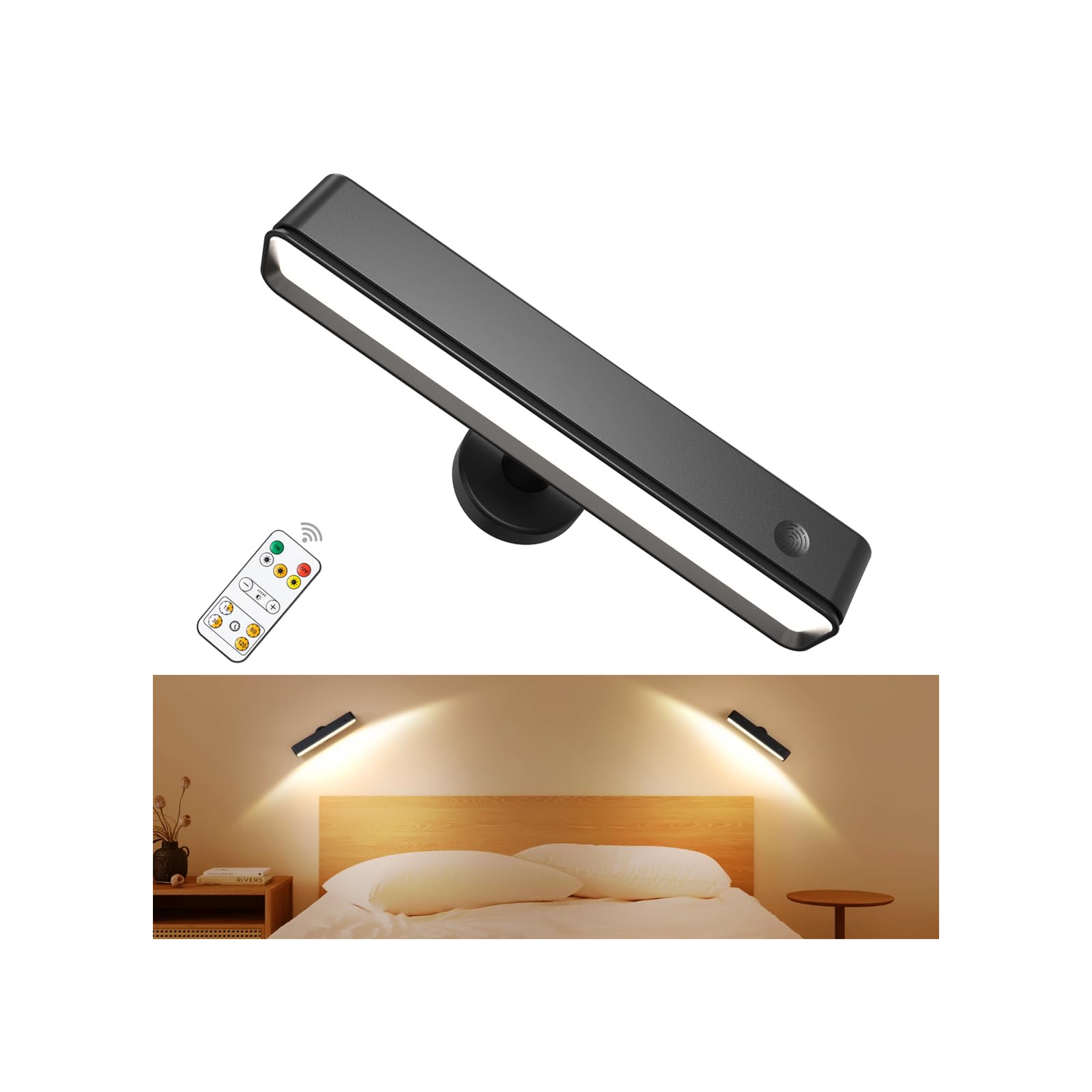 Stick on LED Rechargeable Wall Lights Indoor with 6000mAh Battery Operated, Wireless Wall Sconces with 3 Color Modes 360ยฐ Rotate Dimmable, Battery Wall Lamp with Touch & Remote for Bedroom Living Room