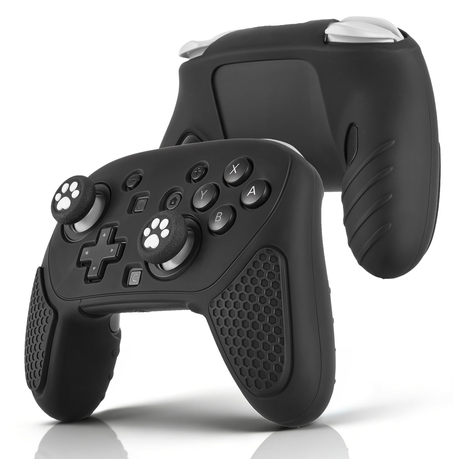 L'QECTED Switch 2 Proコントローラー 用 シリコンカバー 猫肉球スティックキャップ2個付き グリップカバー ハニカム構造 滑り止め 人間工学 全方位保護 衝撃吸収 手汗対策 (ブラック)