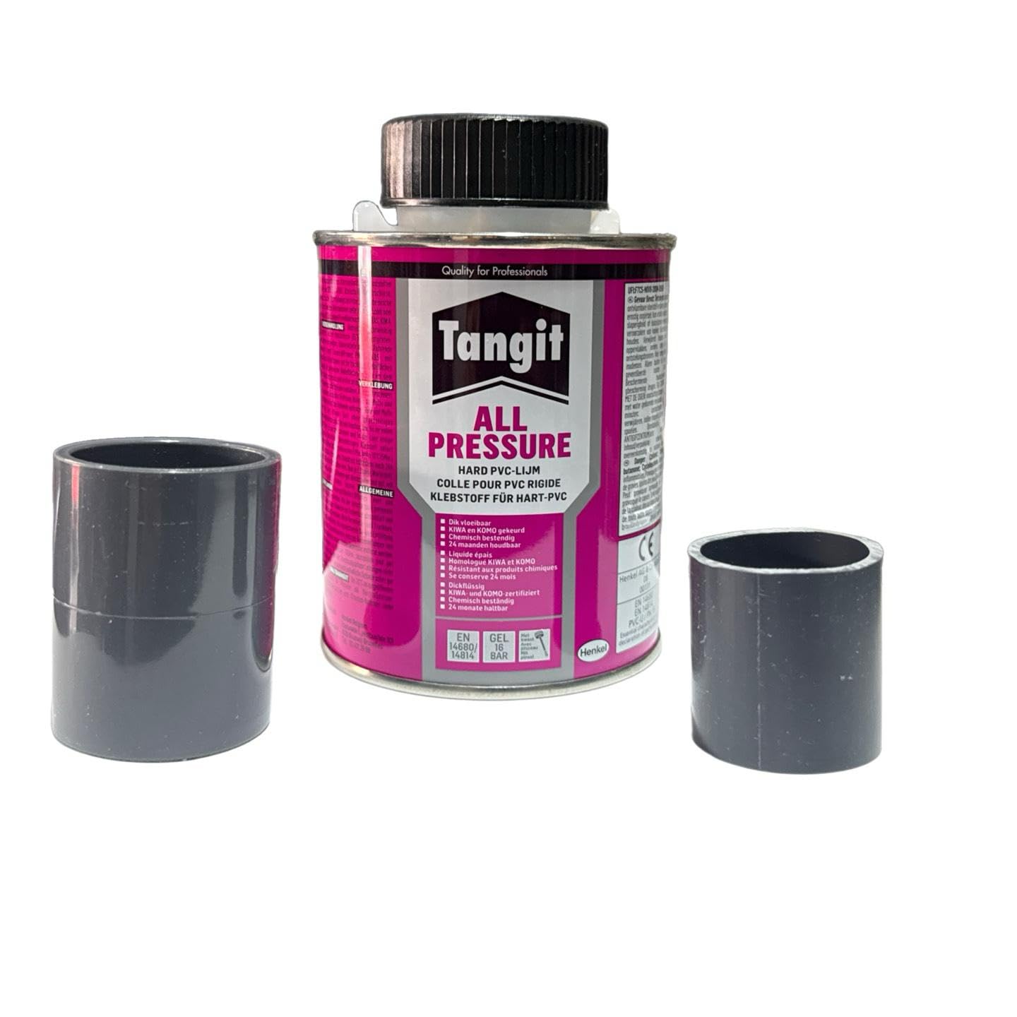 Tangit PVC Set All Pressure Kleber 250 ml Pinsel- Spezialkleber für Verbindung und Montage von Hart PVC Rohren/Poolbau-Teichbau-Dachrinnemontagen mit Teilen zur Probeklebung