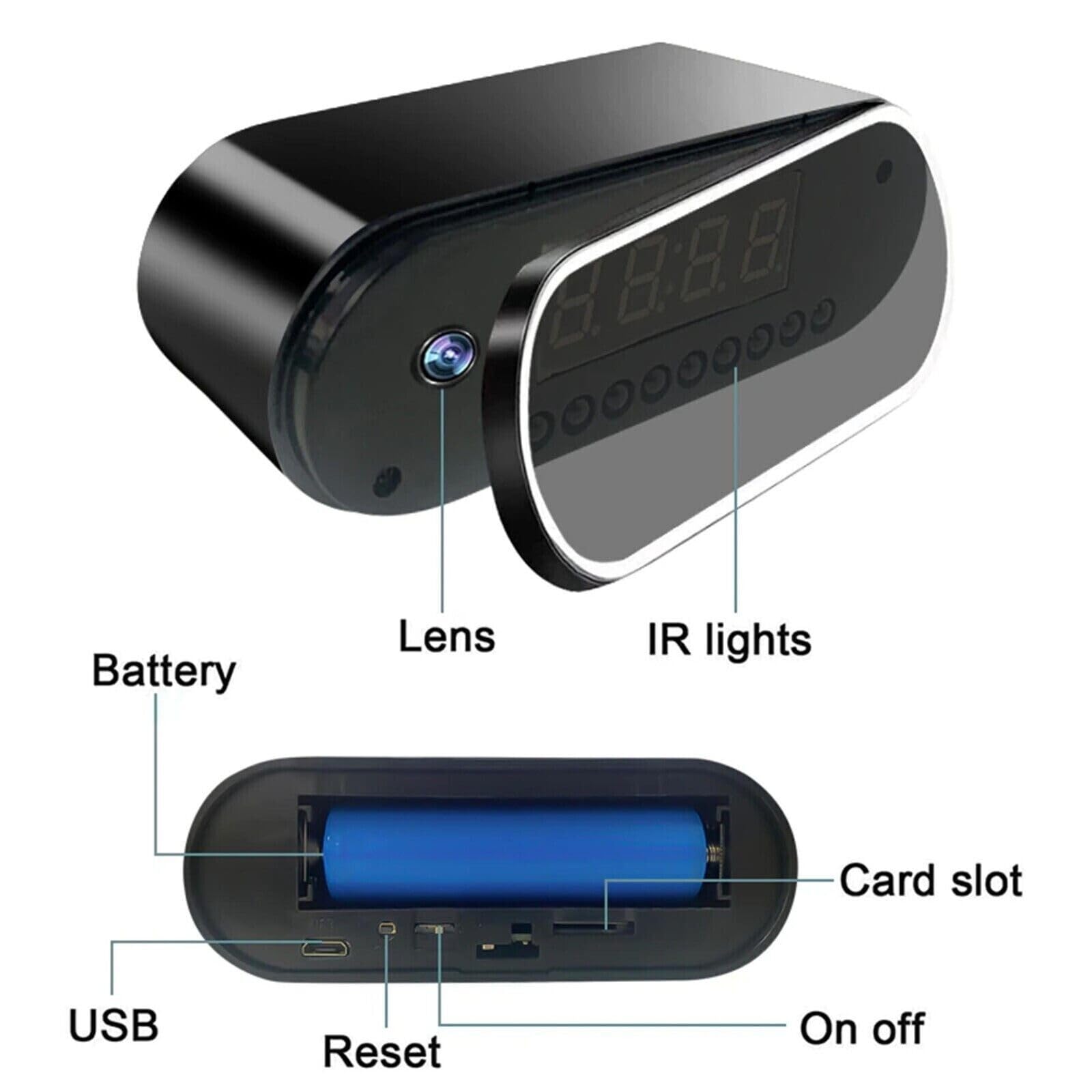Sveglia Digitale Con Telecamera Spia Nascosta – 1080P HD, Visione Notturna, Rilevamento Movimento, Batteria 2200mAh, Registrazione 4 Ore