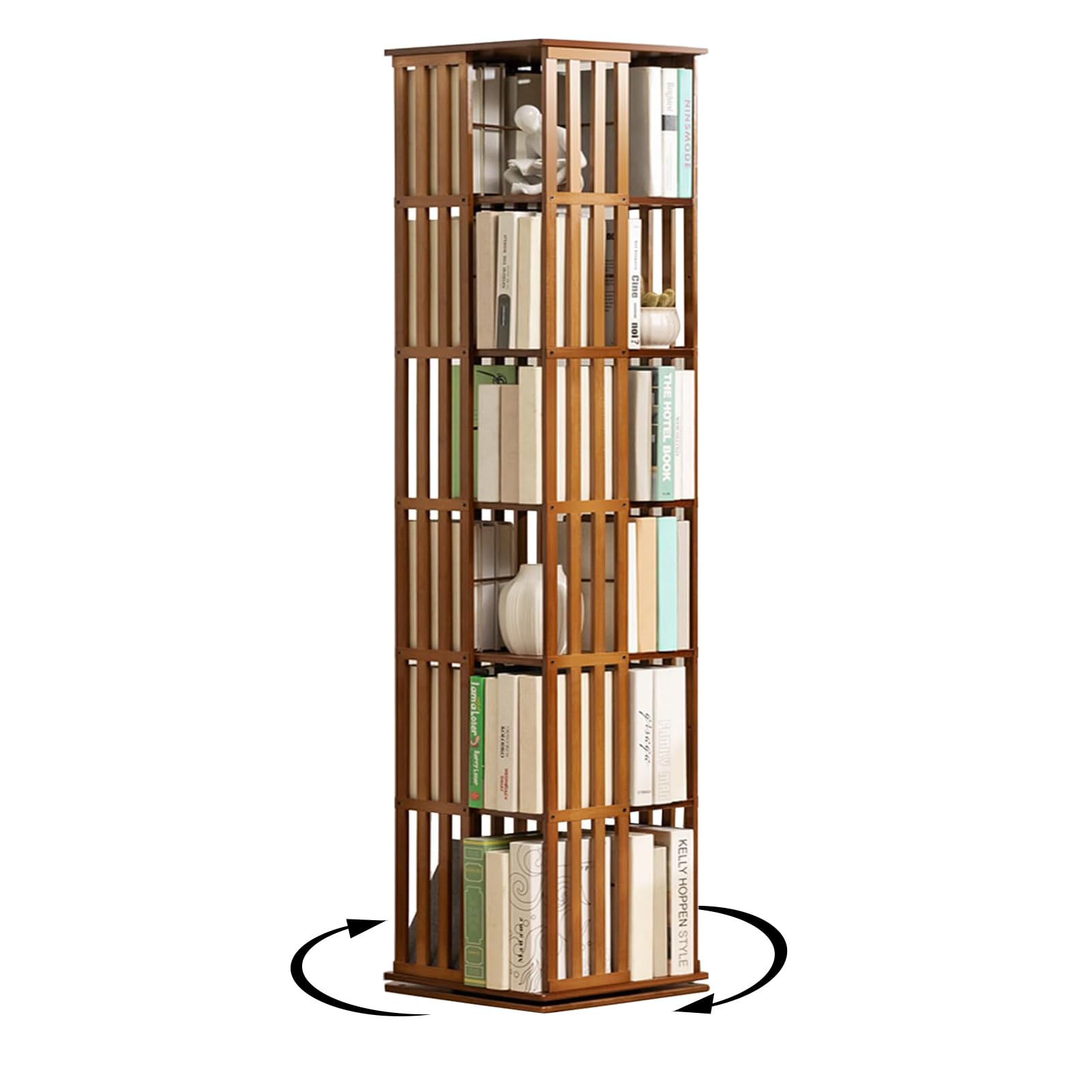 Estantería Giratoria de Bambú 360° Librería Giratoria (6to Piso) | Estantería Librería Alta de Pie Libreria Madera de Estudio y Biblioteca pie para niños y Adultos Mueble Almacenaje Multiusos