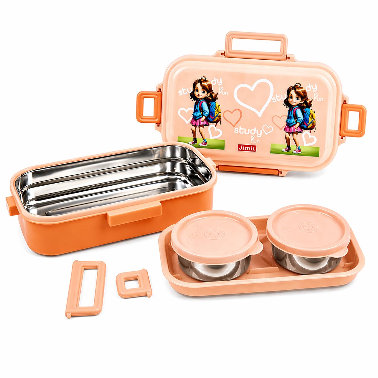 Jimit KidZee Neon Kids Lunch Box | BPA-Free Food Grade Tiffin with Stainless Steel Inner & 2 Leakproof Containers | Airtight, Spillproof, Compact Lunchbox for School (Multi-Color Options) (Peach)-image-8