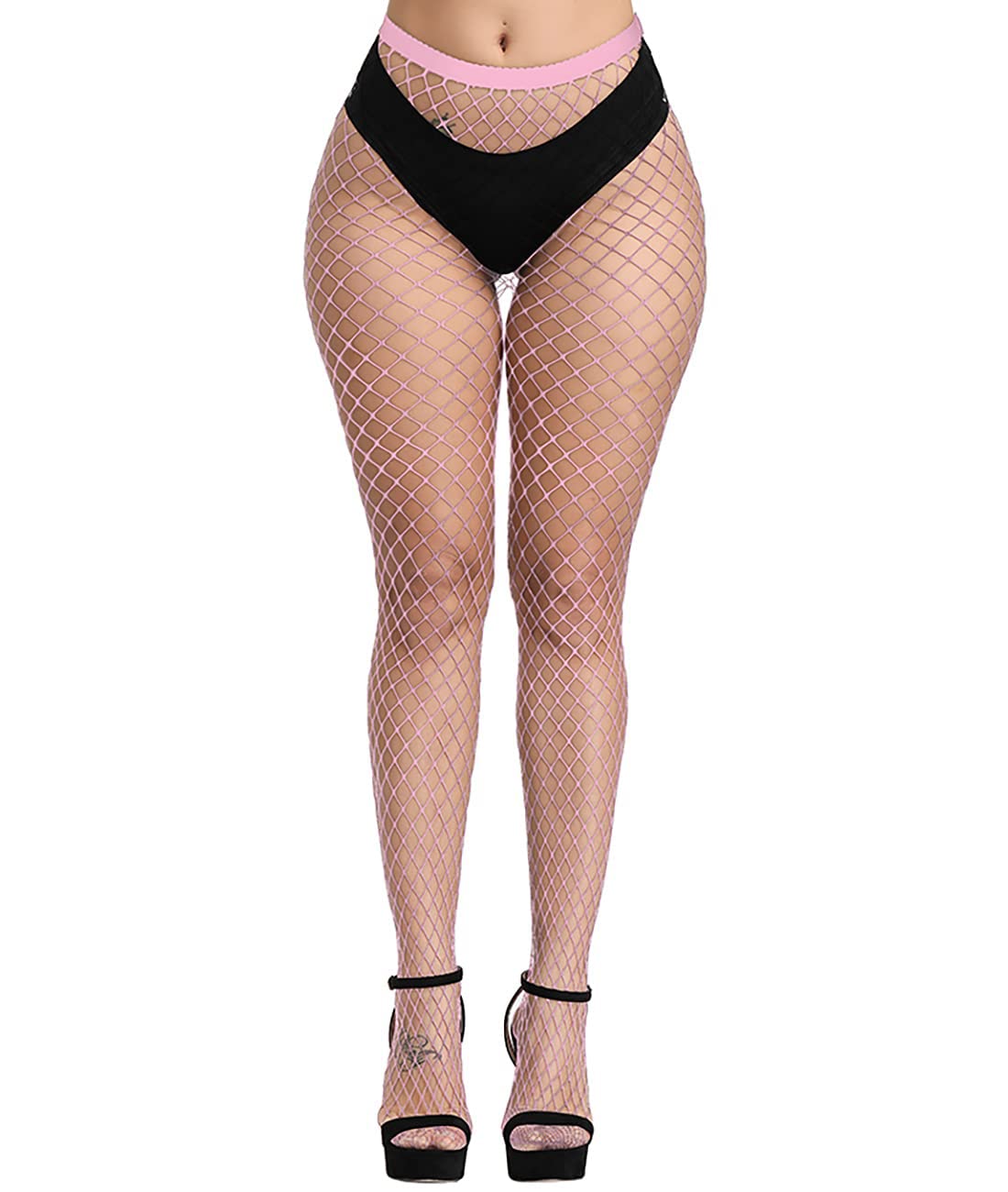 E-Laurels レディース ハイウエスト パターン フィッシュネット タイツ サスペンダー パンティストッキング 太ももハイストッキング ブラック