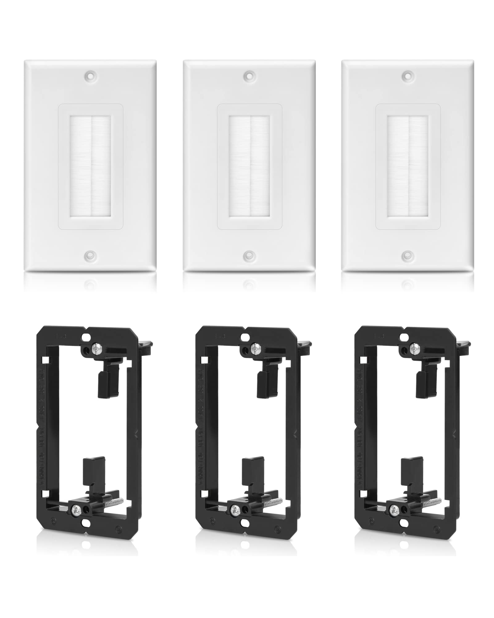 3 Pack Single Brush Wall Plate with Low Voltage Mounting Bracket,Cable Pass Through Insert for Wires Wall Socket HDTV Speaker HDMI Network Phone Home Theater Systems Pass Through Insert (White)