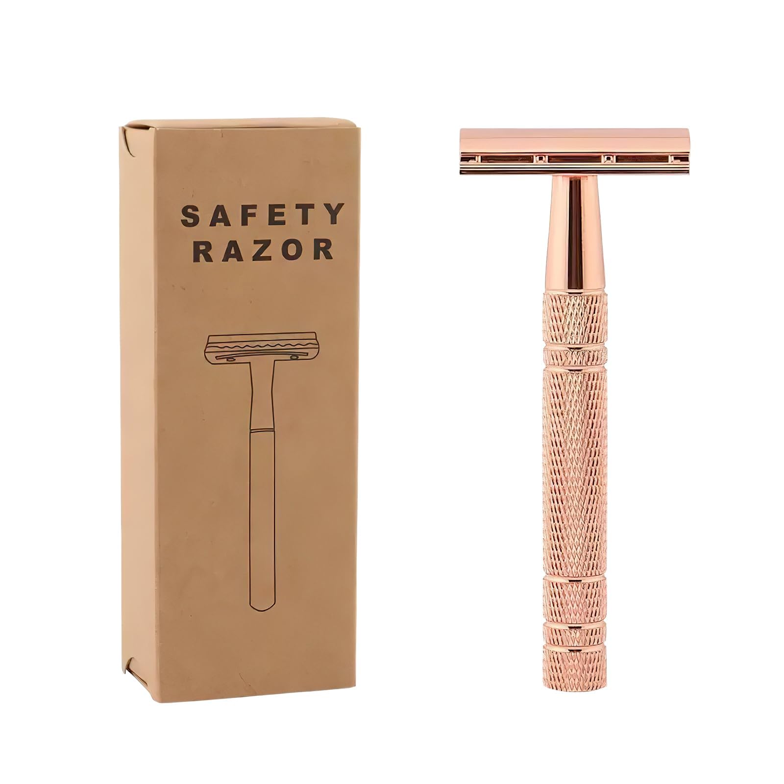 Premium Reusable Double Edge Safety Razor for Men and Women with 5 Platinum Coated Ultra Thin Stainless Steel Blades and 1 Anti-slip Handle, Removable Head, Metal DE Razor for a Close Smooth Shave Gold