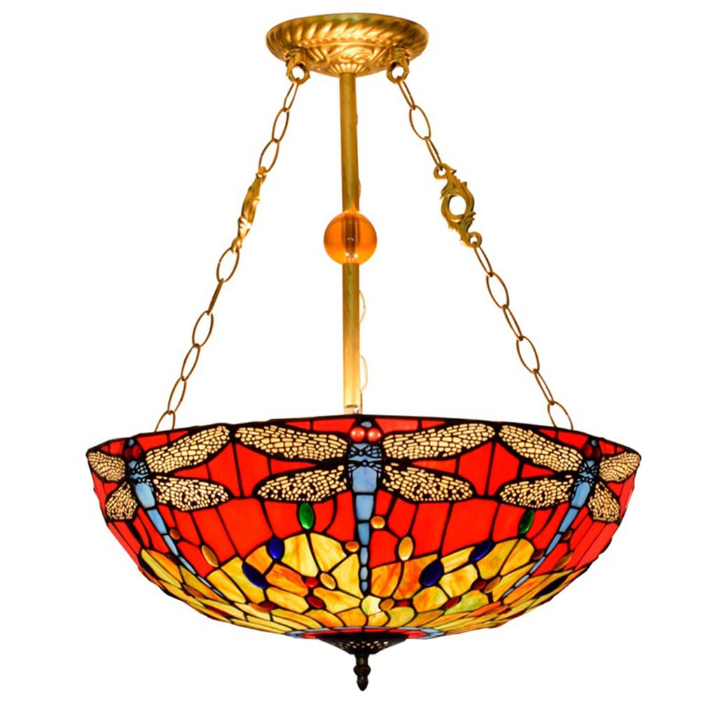 FYZDLAOR Dragonfly Pattern Tiffanystyle Large Size Inverted Pendant Lights Chandelier 20 Inches Wide 3 Light Fixture for Dining Living Room Bedroom Foyer Entryway