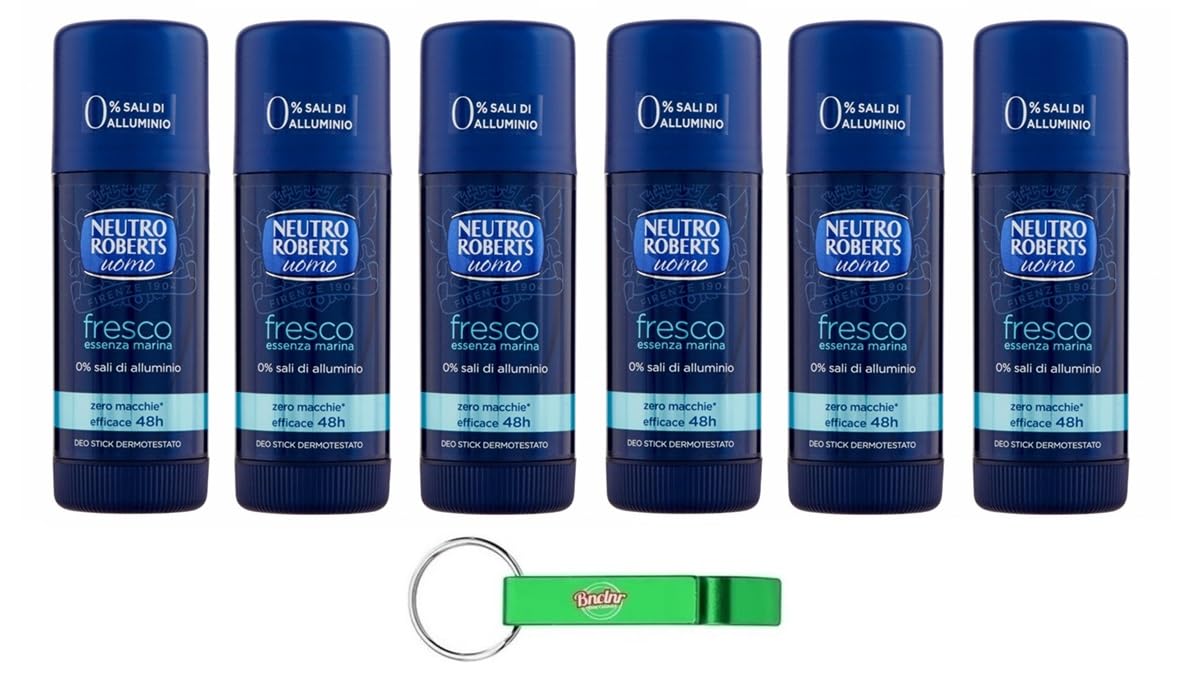 Neutro Roberts Deodorante Stick Uomo Fresco Essenza Marina - Deodorante Stick per uomini, 0% sali di alluminio, 40 ml + portachiavi Beni Culinari