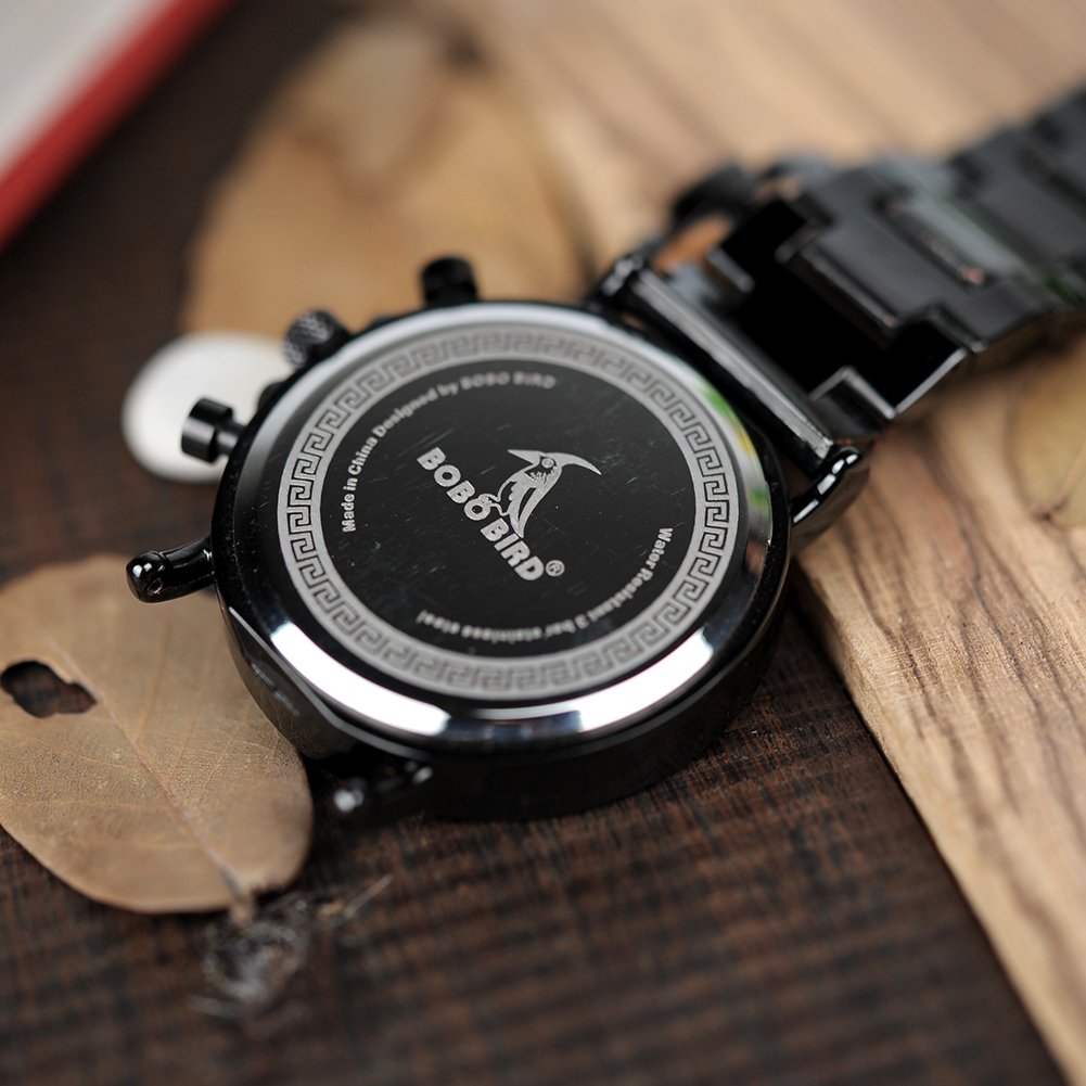 Bobo Bird Herren Holz-Edelstahl Armbanduhr Military in Braun Chronograph mit Einem Gliederarmband Handgefertigt Quarz Analog Uhr inkl. Geschenkbox, Schwarz