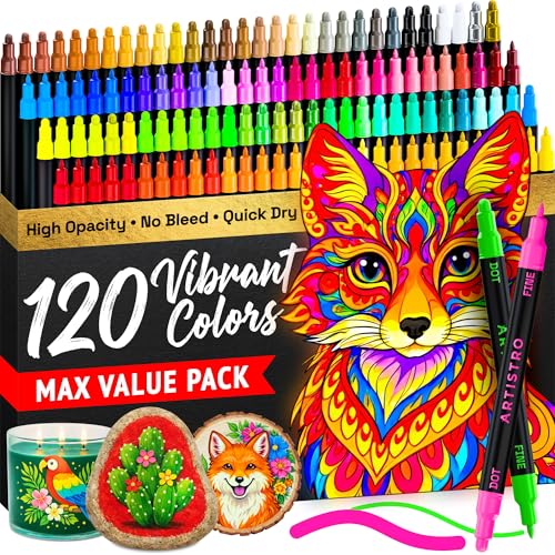 Image of ARTISTRO 120 Precision Dual-Tip Acrylic Paint Markers - Paint Pens Set with Dot & Fine Tips for Fabric, Rock, Glass, Wood, Coloring Books - Arts & Crafts Gift - Classroom Must Haves & School Supplies