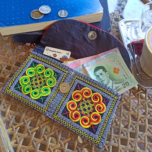 Sabai Jai Embroidered Magnet Snap Clutch Envelope Wallet for Women - Cute Colorful Ethnic Boho Accessory Organizer Money Holder Bag (Bold Spirals)4