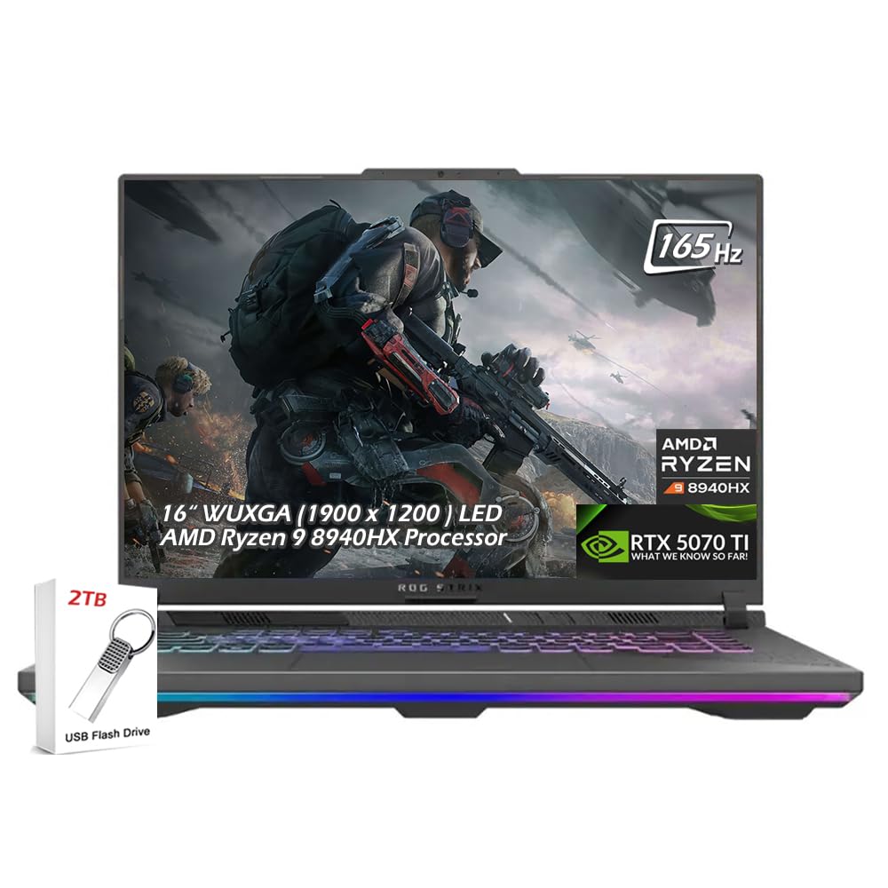 ASUS ROG Strix G16 Gaming Laptop, 16" WUXGA 165Hz IPS 16:10, AMD Ryzen 9 8940HX, NVIDIA GeForce RTX 5070Ti, 32GB DDR5 2TB SSD, Wi-Fi6E, Backlit KB, Win11, Eclipse Gray, w/2TB USB Drive, W/GaLiMu