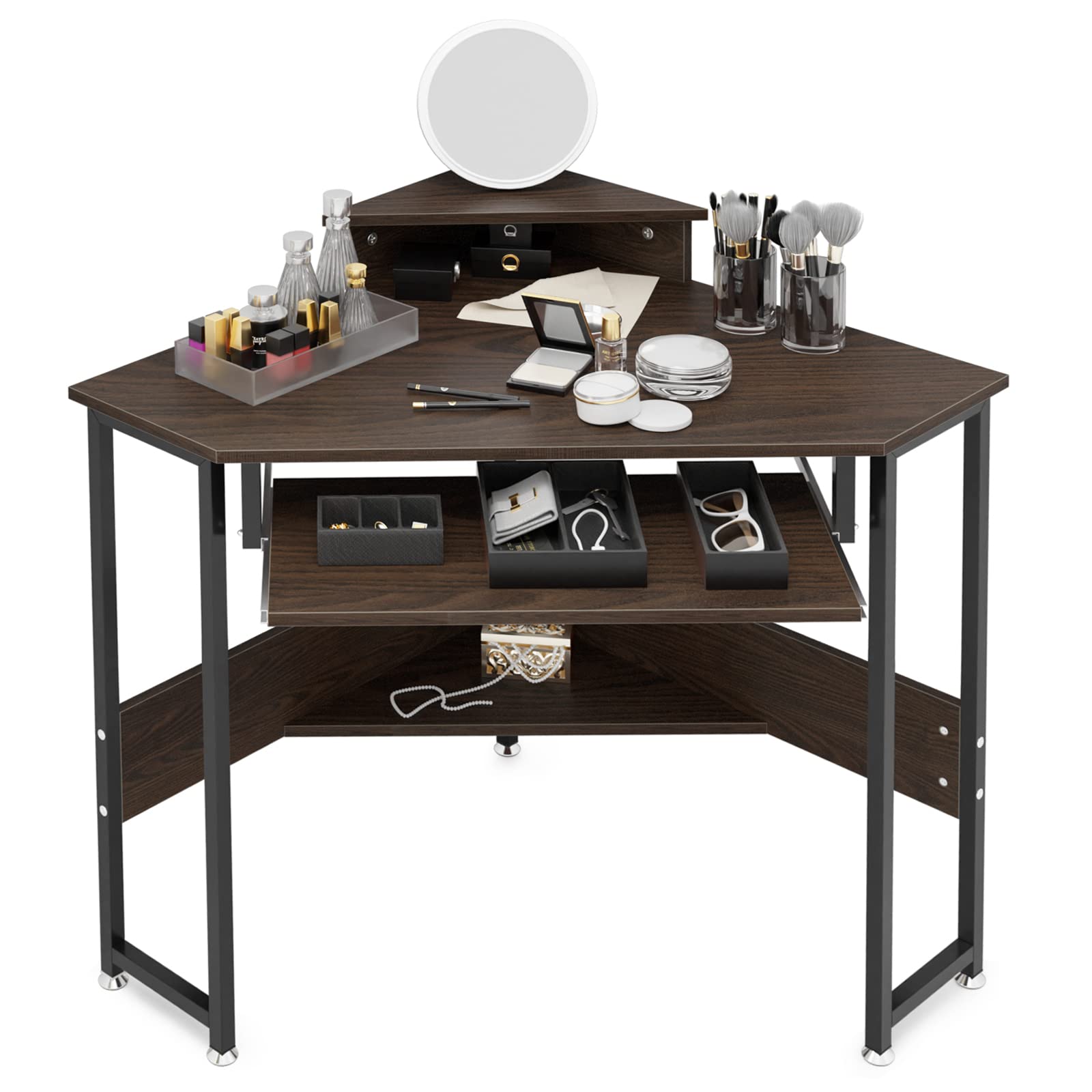 デスク 机 コーナーデスク スライダー付き 高さ75cm 卓上台*下棚付き