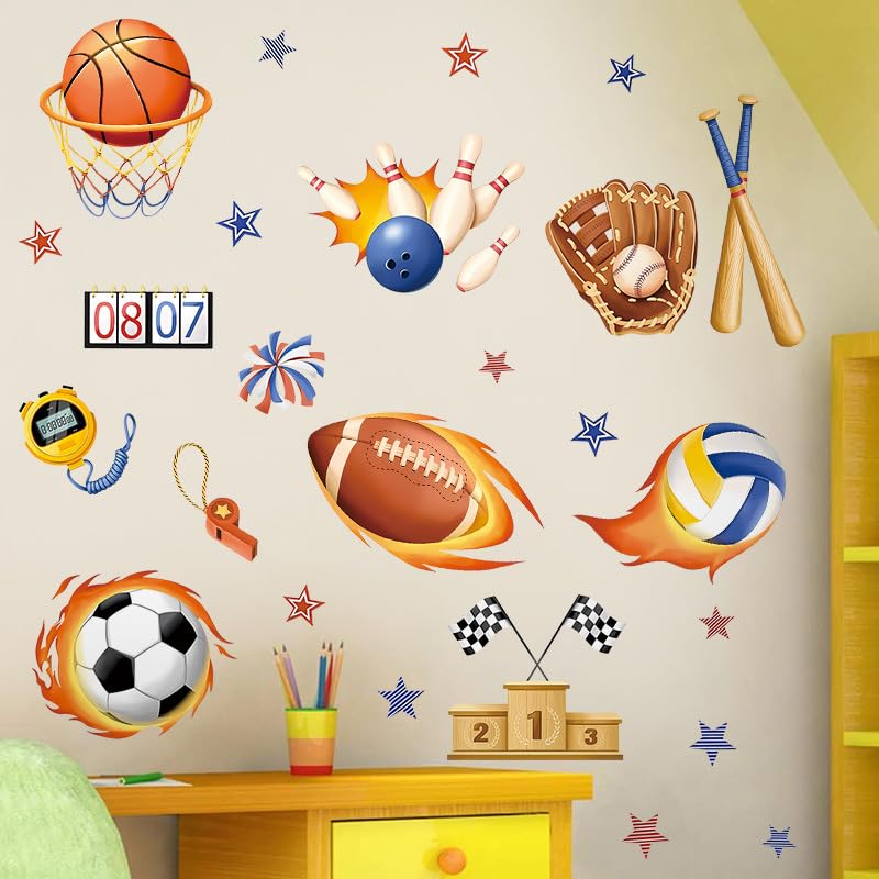 SHUCHING 3D Sports Balls Wall Stickers Peel and Stick, Football Baesball Basketball Volleyball Wall Decals, Removable Vinly Wall Decorations for Kids Boys Bedroom Nursery Playroom Classroom