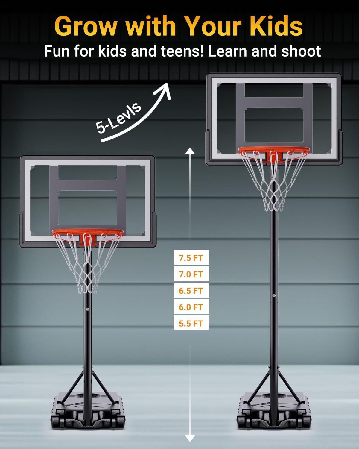 Mayfire Kids Basketball Hoop Adjustable Height 5.5-7.5 FT, Portable Basketball Goal System with 33" Shatterproof Backboard for Kids Youth Teens in Driveway, Backyard, Outdoor Play