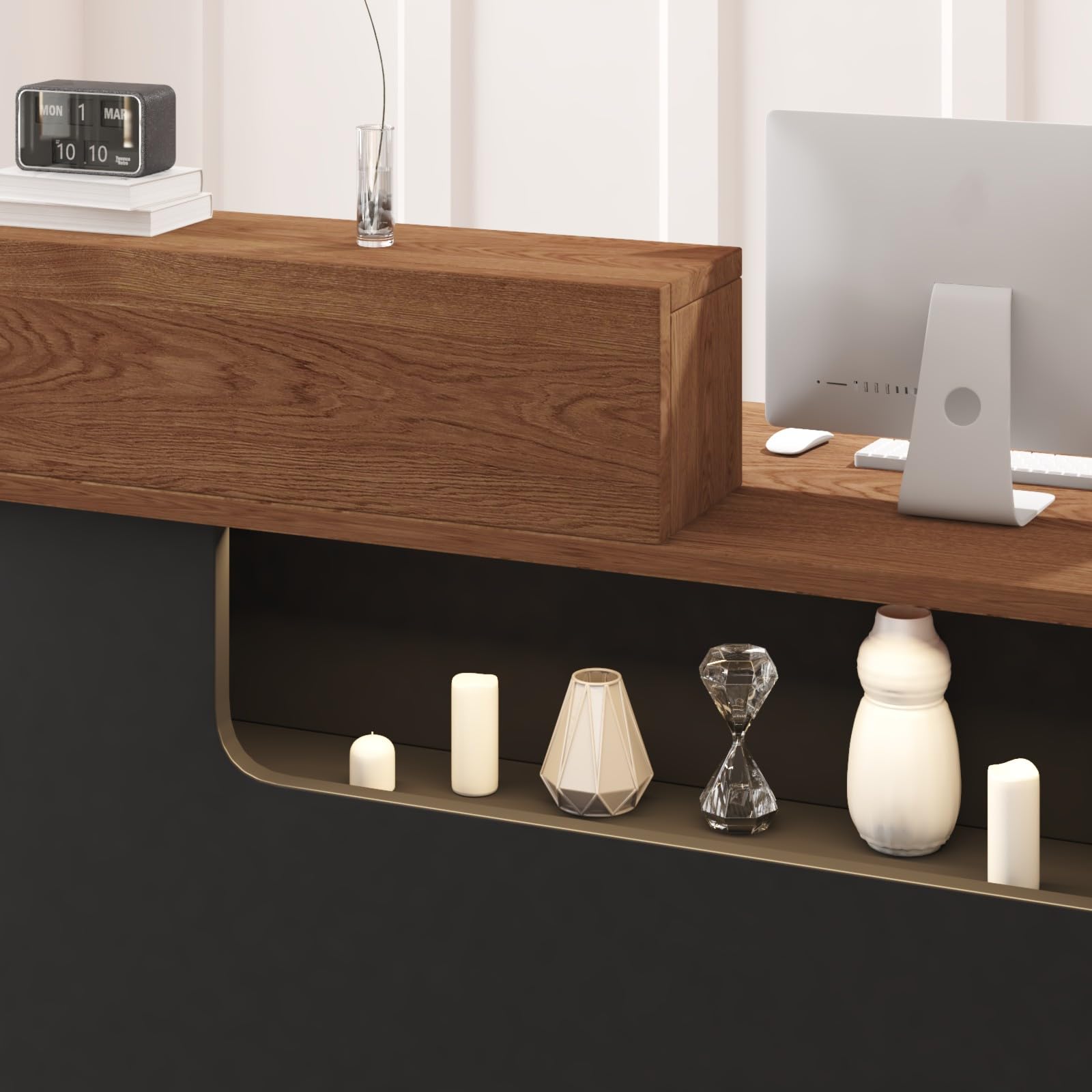Bureau de réception et boîtes de réception - Bureau avec étagères ouvertes, bureau de réception en bois pour coiffeur, beauty studio, magasin, supermarché, caisses (avec Drawer B)