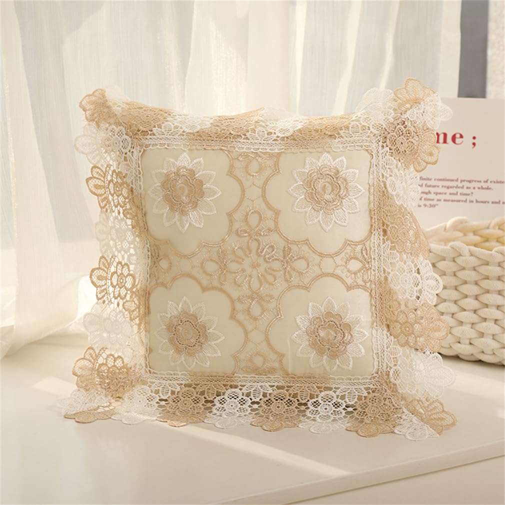 Fundas de cojín de encaje crema de 50 x 50 cm con bordado floral y volantes vintage para sofá y cama