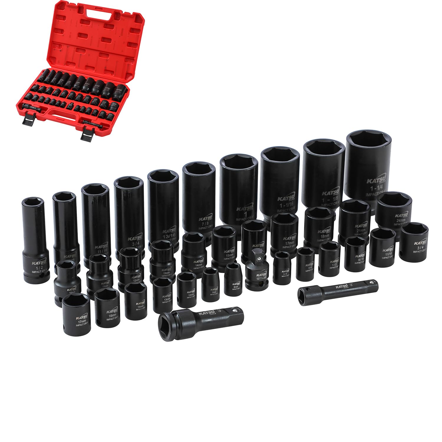 Coffret douilles à chocs KATSU de 37 pièces avec embouts métriques et pouces en mallette
